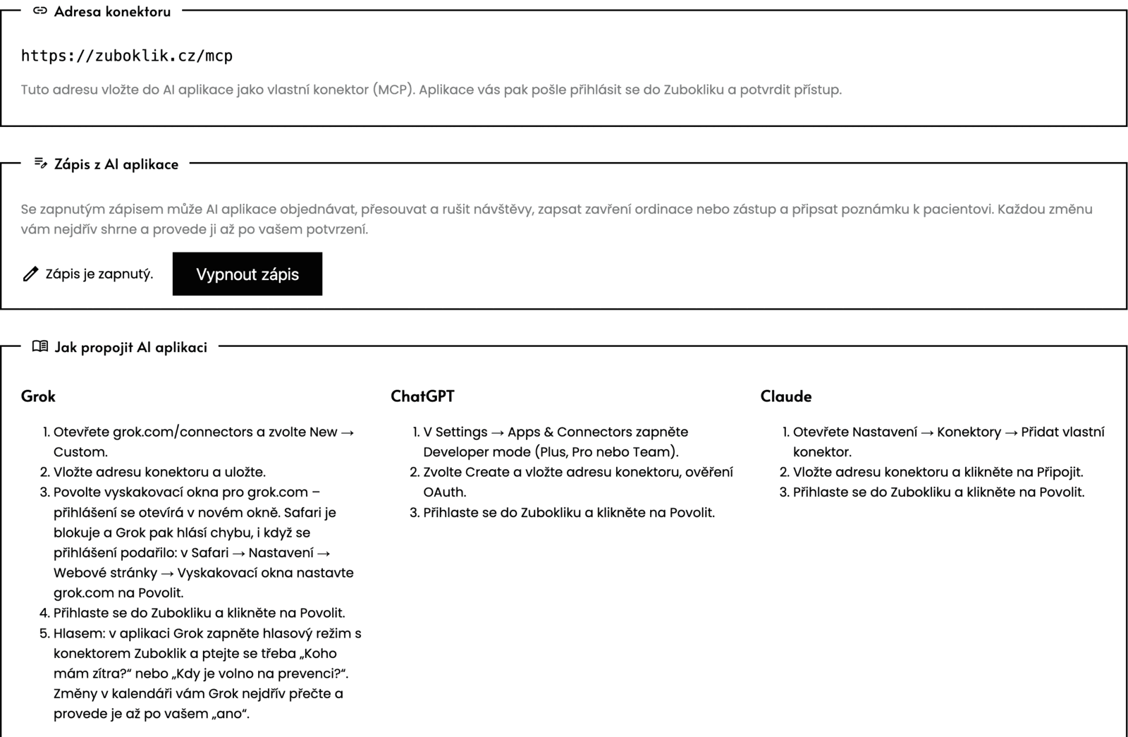 Surgery settings: the address for connecting an assistant, the write switch and how-tos for Grok, ChatGPT and Claude